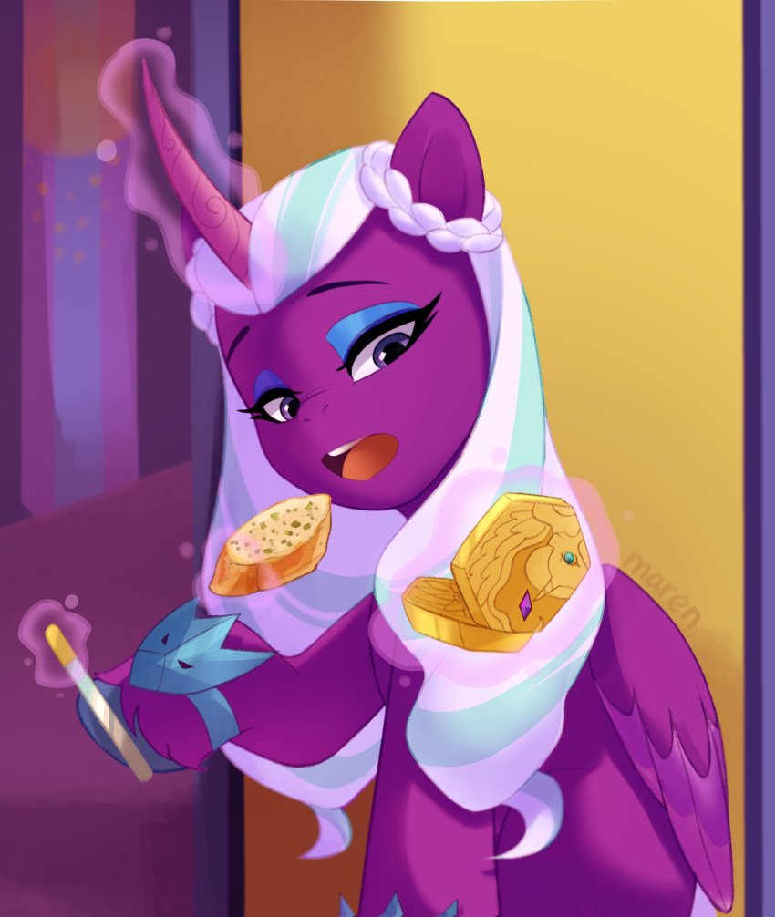 absurd_res alicorn baguette blue_eyeshadow braided_hair bread curved_horn equid equine eyelashes eyeshadow feathered_wings feathers female feral folded_wings food garlic_bread hair hasbro hi_res holding_object hooves horn magic makeup mammal marenlicious mirror mlp_g5 multicolored_hair my_little_pony mythological_creature mythological_equine mythology opaline_(mlp) purple_body purple_eyes purple_feathers solo telekinesis two_tone_hair white_hair wings