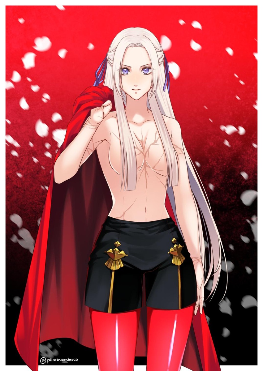 blonde_hair blush breasts cape collarbone edelgard_von_hresvelg female fire_emblem fire_emblem:_three_houses garreg_mach_monastery_uniform gloves hair_censor hair_ornament hair_ribbon highres holding holding_cape holding_clothes long_hair looking_at_viewer navel pantyhose petals purple_eyes red_background red_cape ribbon scar sieka_(piiroinardesco) simple_background smile solo topless twitter_username uniform unworn_cape very_long_hair