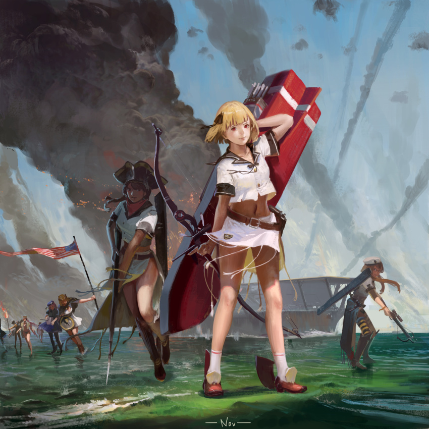 6+girls absurdres american_flag blonde_hair bow_(weapon) braid brown_hair character_request chinese_commentary commentary_request crop_top crossbow enterprise_(pacific) flight_deck gun hair_ribbon hat highres hornet_(pacific) jeanex mahan_(pacific) maury_(pacific) midriff multiple_girls musket narwhal_(pacific) navel outdoors pacific_(kancolle) red_eyes ribbon short_hair short_sleeves smoke socks striped_clothes striped_thighhighs thighhighs tricorne twin_braids weapon white_socks yorktown_(pacific)