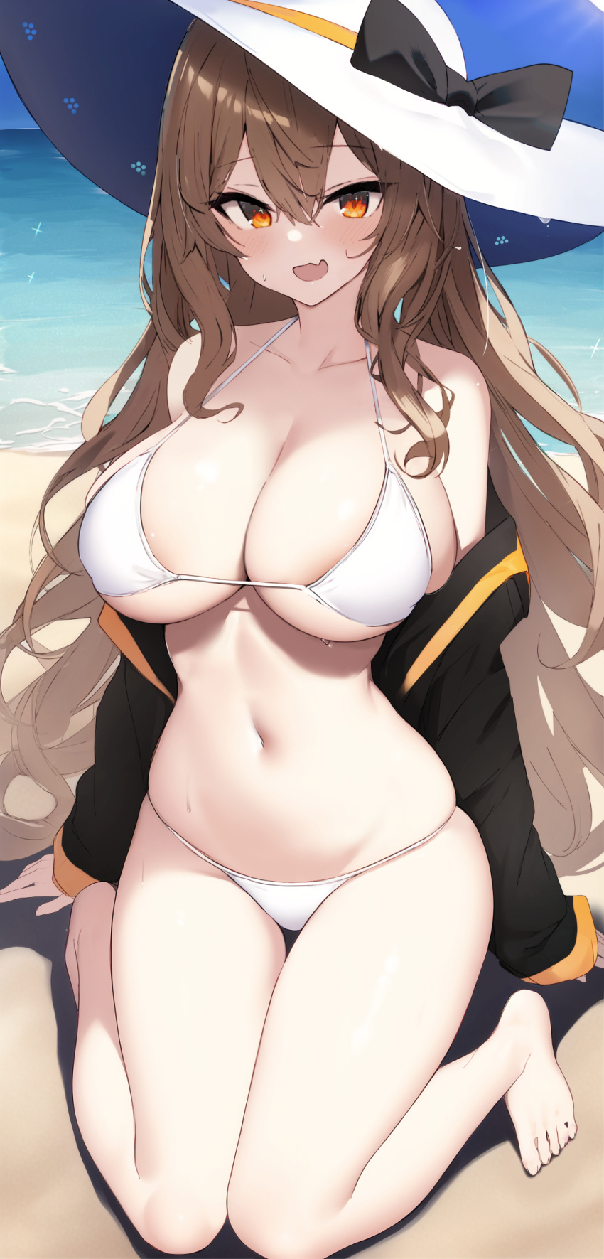 beach bikini black_jacket breasts brown_hair cleavage collarbone commentary_request commission female girls'_frontline harenchi hat highres jacket jacket_partially_removed kneeling large_breasts long_hair looking_at_viewer m37_(girls'_frontline) m37_(summer_parader)_(girls'_frontline) navel oerba_yun_fang outdoors skeb_commission skin_fang skindentation solo sun_hat sweatdrop swimsuit thigh_gap very_long_hair white_bikini