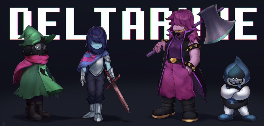 anthro armband armor axe biped black_body black_fur boots bovid caprine clothing crossed_arms darkner deltarune english_text eyewear female footwear fur glasses goat group hair hair_over_eyes hat headgear headwear hi_res holding_object holding_weapon human humanoid kinobou kris_(deltarune) lancer_(deltarune) male mammal melee_weapon ralsei scalie scarf smile susie_(deltarune) sword teeth text undertale_(series) weapon wizard_hat young young_anthro young_human young_humanoid young_male