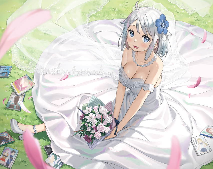 :d bare_arms bare_shoulders blue_eyes blush bouquet breasts bridal_veil collarbone day dress female flower grass hair_flower hair_ornament high_heels highres holding holding_bouquet imouto_sae_ireba_ii kani_nayuta kantoku large_breasts looking_at_viewer open_mouth outdoors petals shoes short_hair sitting sleeveless sleeveless_dress smile solo veil wedding_dress white_footwear white_hair