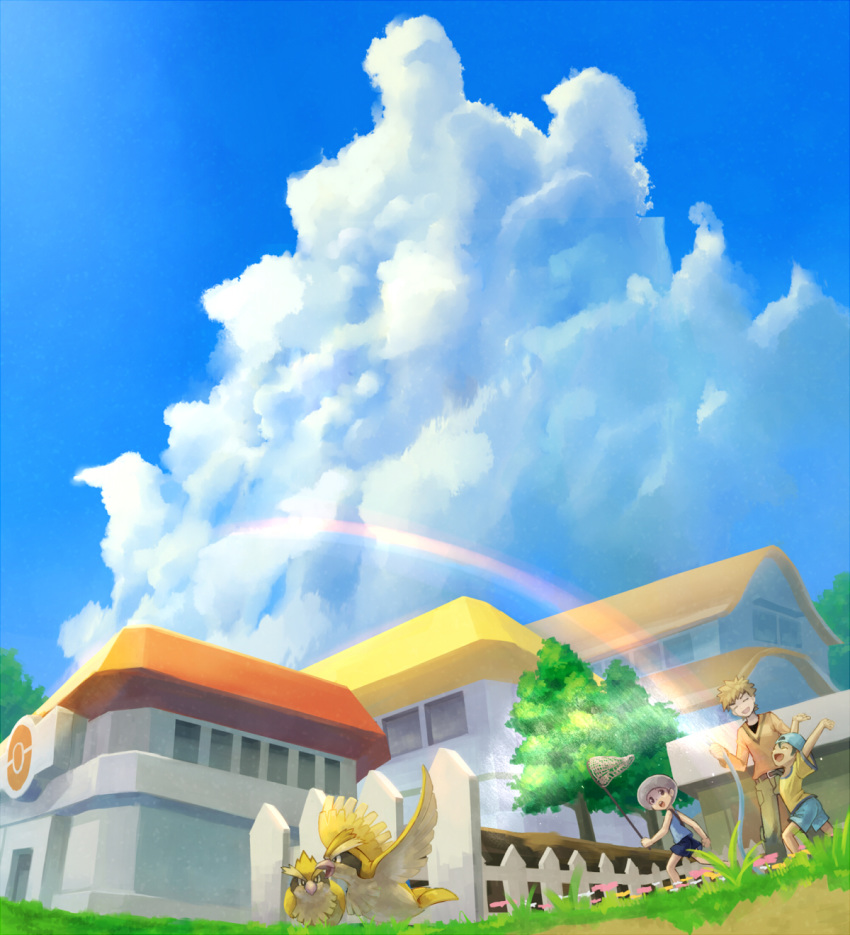 3boys arms_up belt brock_(pokemon) bug_catcher_(pokemon) building butterfly_net cloud commentary_request day fence green_pants hand_net highres holding holding_butterfly_net hose kikuyoshi_(tracco) long_sleeves multiple_boys outdoors pants pidgey pokemon pokemon_(creature) pokemon_center pokemon_hgss rainbow scenery shirt short_sleeves shorts sky standing tree youngster_(pokemon)