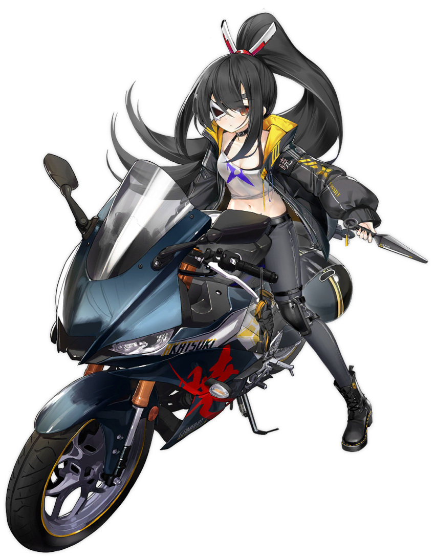 akatsuki_(azur_lane) akatsuki_(motoninja_akatsuki)_(azur_lane) azur_lane black_gloves black_hair black_jacket black_pants boots breasts choker cleavage closed_mouth crop_top eyepatch female floating_hair full_body gloves hair_ornament highres holding holding_weapon jacket kunai long_hair long_sleeves looking_at_viewer medium_breasts midriff motor_vehicle motorcycle navel official_alternate_costume official_art on_motorcycle ootsuki_momiji open_clothes open_jacket pants ponytail puffy_sleeves red_eyes riding shirt sidelocks solo stomach tachi-e transparent_background unworn_gloves very_long_hair weapon white_shirt