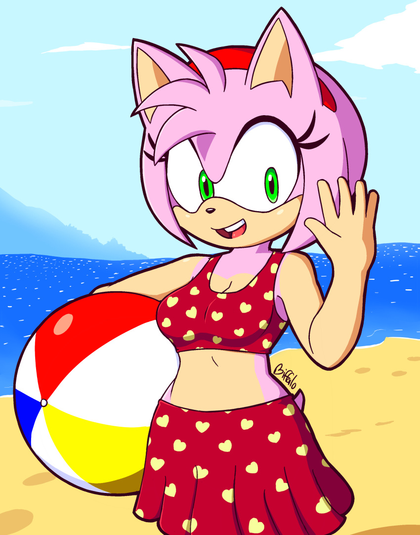 2017 5_fingers absurd_res accessory amy_rose anthro ball beach beach_ball biffalo bikini bikini_skirt bikini_top black_nose bottomwear breasts cleavage clothed clothing digital_drawing_(artwork) digital_media_(artwork) eulipotyphlan eyelashes female fingers fur gesture green_eyes hair_accessory headband hedgehog hi_res holding_beach_ball inflatable looking_at_viewer mammal midriff navel open_mouth open_smile outside pink_body pink_fur red_bikini_top red_bottomwear red_clothing red_skirt seaside sega signature skirt smile solo sonic_the_hedgehog_(series) swimwear waving waving_at_viewer