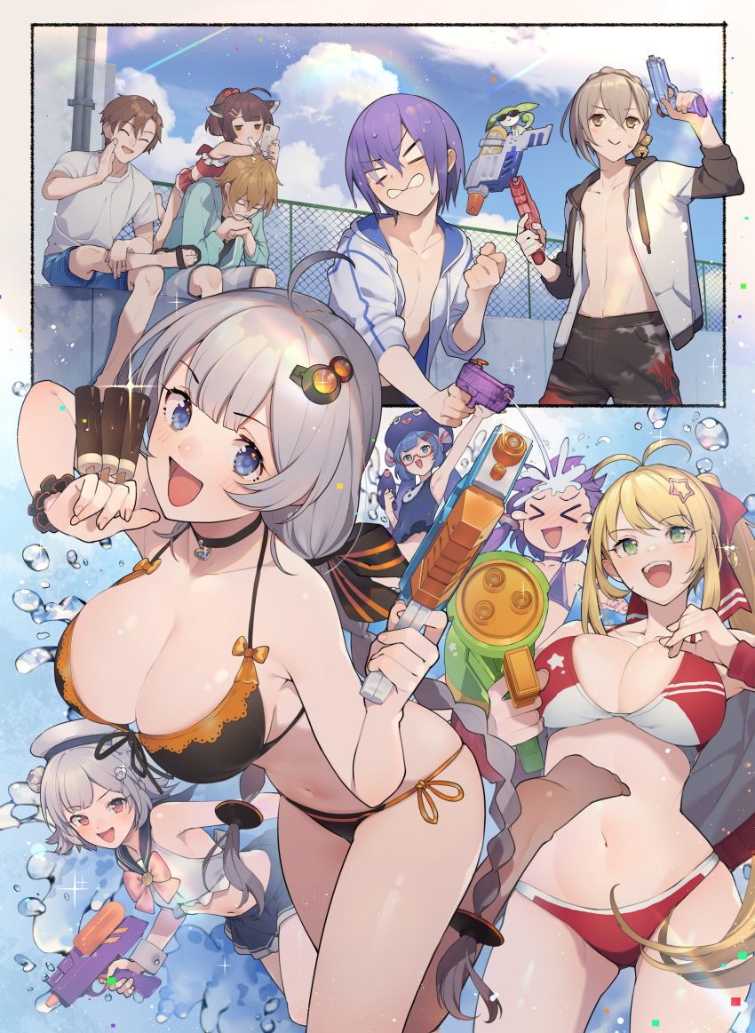 >_< 4boys 6+girls absurdres antenna_hair arm_up bikini black_bikini black_choker blank_eyes blonde_hair blue_eyes braid breasts brother_and_sister brown_hair cellphone cevio choker cleavage clenched_hand cloud commentary dual_wielding flat_chest glass green_eyes grey_hair hair_ornament halterneck hat head_rest highres holding holding_phone holding_water_gun iori_yuzuru jacket kizuna_akari koharu_rikka large_breasts leaning_on_person long_hair male_swimwear minase_kou mouth_hold multiple_boys multiple_girls open_clothes open_jacket open_mouth otomachi_una otomachi_una_(talkex) outdoors own_hands_together phone ponytail purple_bikini purple_hair rainbow red_ribbon ribbon sailor_collar sandals scrunchie shirinda_fureiru shirt short_hair siblings sitting skirt sky sleeveless smartphone star_(symbol) star_hair_ornament sunglasses swimsuit synthesizer_v takahashi_amato talkex tears touhoku_kiritan tsurumaki_maki twin_braids twintails very_long_hair vocaloid voiceroid water water_drop water_gun wet white_shirt wrist_cuffs wrist_scrunchie yuzuki_yukari yuzuki_yukari's_younger_twin_brother zundamon