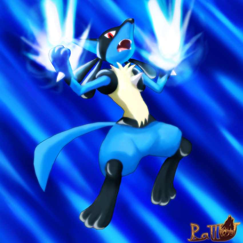 1:1 action_pose anthro black_body blue_background blue_body featureless_crotch final_smash fur generation_4_pokemon hi_res jumping lucario male nintendo open_mouth pokemon pokemon_(species) pose ratteu red_eyes sharp_teeth simple_background solo spikes spread_arms spread_legs spreading super_smash_bros. teeth yellow_body yellow_fur