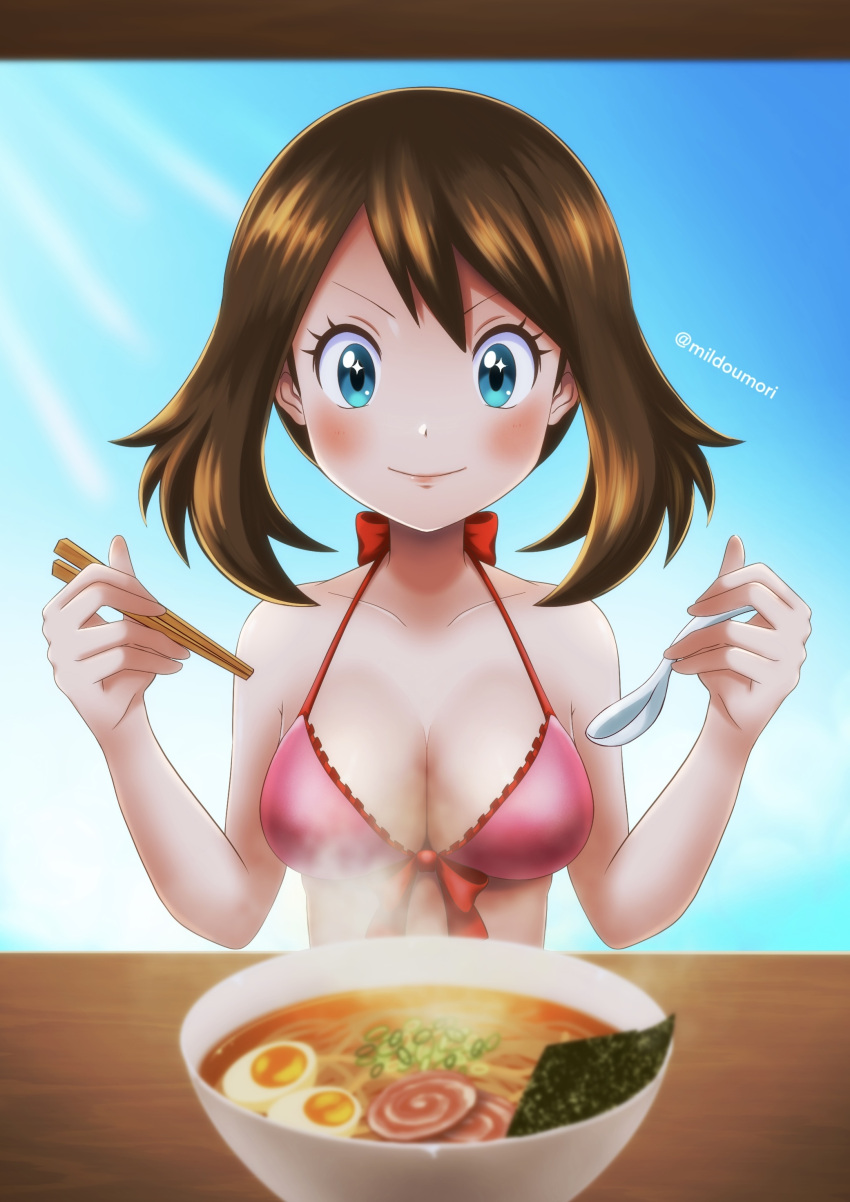 absurdres bikini blue_eyes bowl breasts brown_hair chopsticks cleavage egg_(food) female food highres holding holding_chopsticks holding_spoon may_(pokemon) milmil7 noodles pokemon pokemon_(anime) pokemon_ranger_and_the_temple_of_the_sea pokemon_rse_(anime) ramen smile solo spoon swimsuit twitter_username upper_body