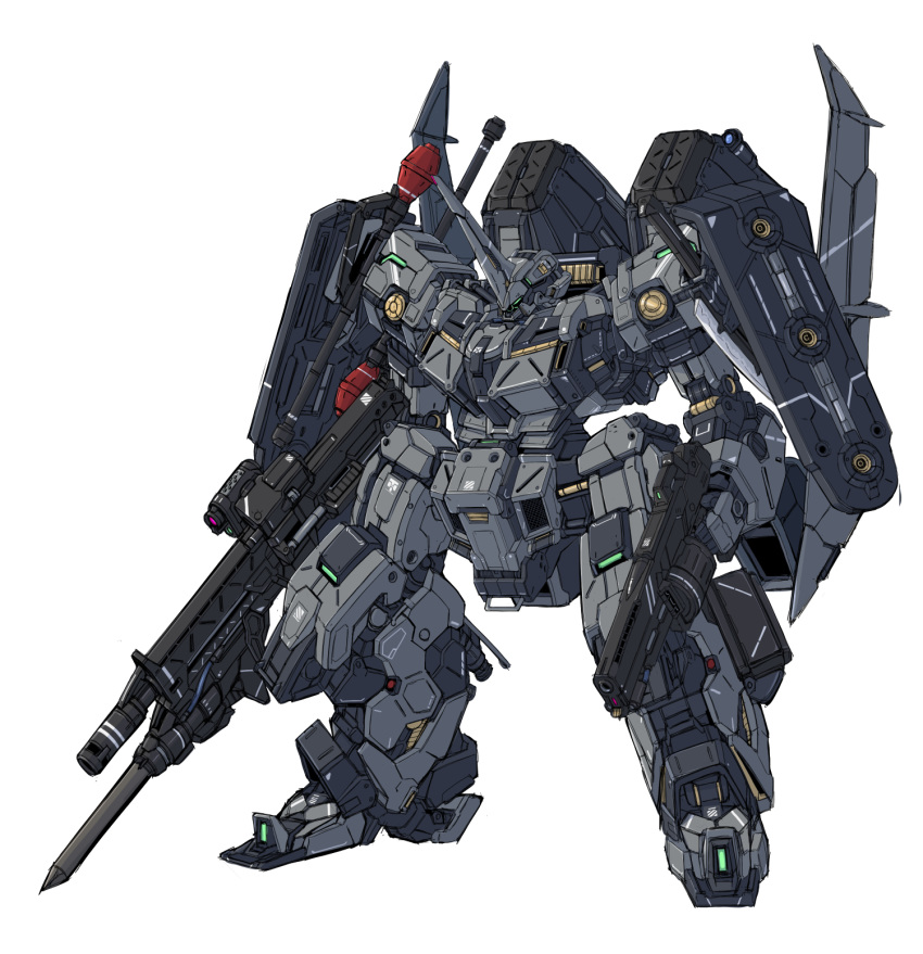 bayonet dual_wielding green_eyes gun highres holding holding_gun holding_weapon looking_down mecha no_humans original robot solo standing takamaru_(taka1220) weapon white_background