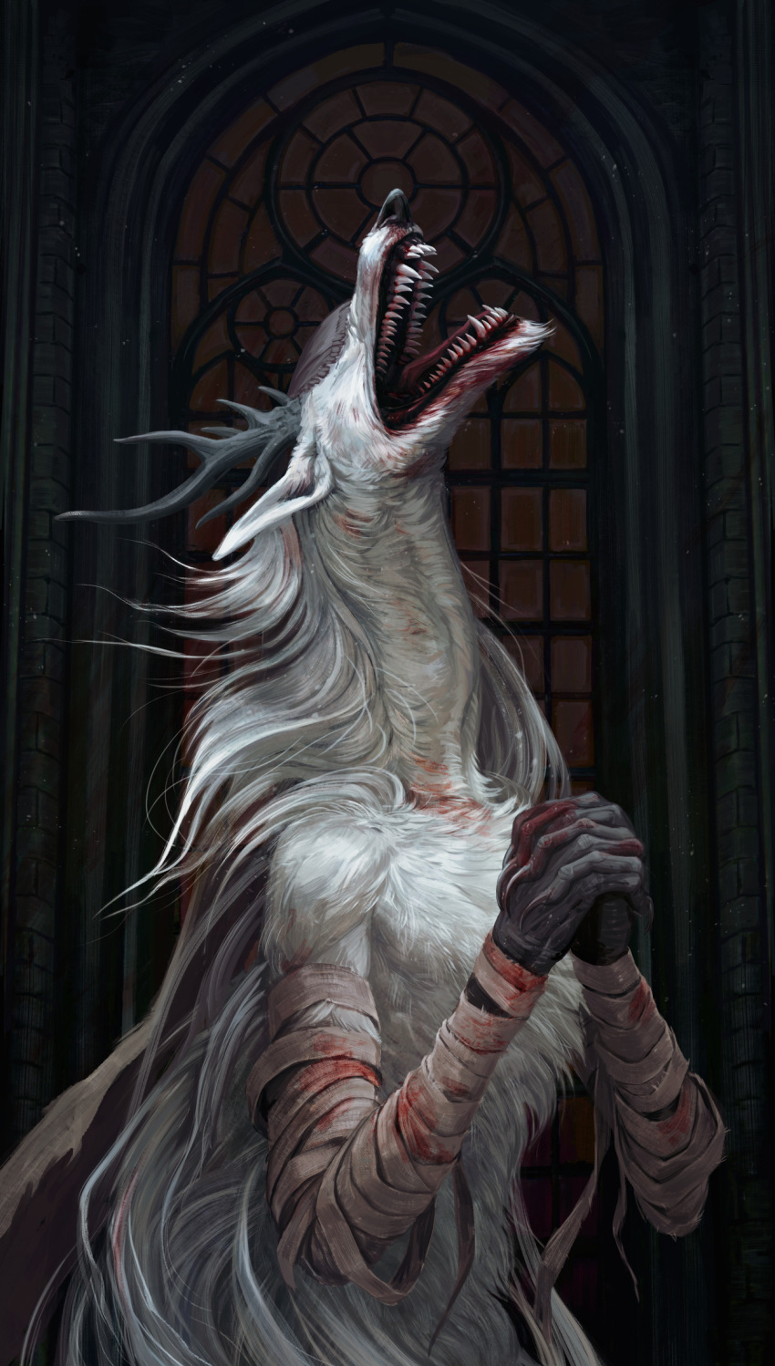 anthro antlers bandage blindfold blood bloodborne bodily_fluids canid canine claws cloth female fromsoftware fur hi_res horn mammal maria_zolotukhina monster mythological_canine mythological_creature mythology sharp_teeth solo sony_corporation sony_interactive_entertainment teeth vicar_amelia were werecanid werecanine werewolf white_body white_fur