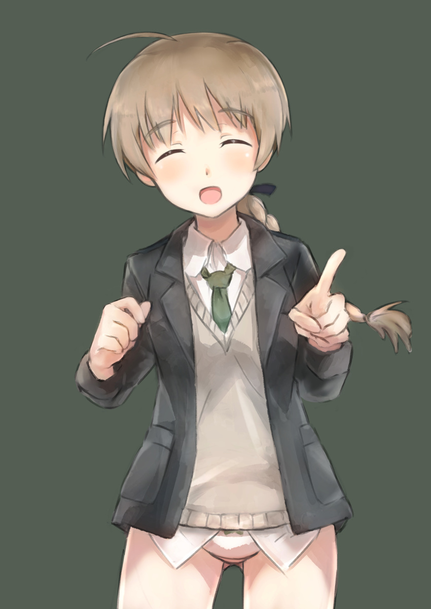 absurdres ahoge bad_id bad_pixiv_id braid brown_hair closed_eyes commentary_request dress_shirt ennui_orz female highres jacket lynette_bishop no_pants open_mouth panties pointing shirt simple_background smile solo strike_witches thick_eyebrows underwear white_panties world_witches_series