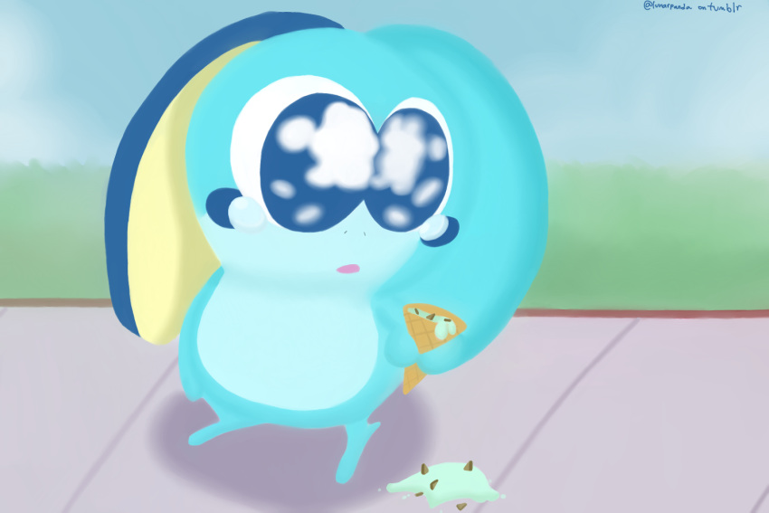 3:2 ambiguous_gender blue_body blue_eyes bodily_fluids candy chocolate cloud crying dessert dropped_ice_cream feral food generation_8_pokemon holding_food holding_ice_cream_cone holding_object ice_cream ice_cream_cone lineless lunarpanda8686 melted_ice_cream melting mint_chocolate_chip nintendo open_mouth outside plant pokemon pokemon_(species) reptile scalie shrub sidewalk sky sobble solo spilled_food spilled_ice_cream tears