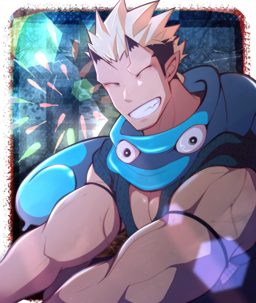 1boy bara black_hair blonde_hair blue_scarf crow_(siranui) fireworks highres horns jiraiya_(housamo) male_focus multicolored_hair muscular muscular_male oni pectoral_cleavage pectorals pointy_ears scarf short_hair sideburns skin-covered_horns smile solo tokyo_afterschool_summoners two-tone_hair undercut upper_body