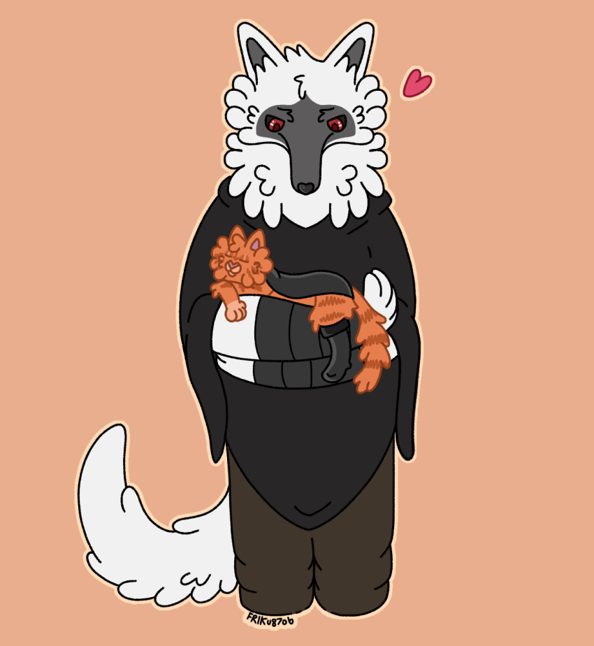 alleycat8706_(artist) anthro canid canine canis cheek_tuft closed_eyes clothing crossed_arms death_(puss_in_boots) domestic_cat dreamworks duo facial_tuft felid feline felis fluffy fluffy_tail fur fuzzy heart_symbol hi_res holding_partner holding_person looking_down male male/male mammal markings neck_tuft orange_body orange_fur puss_in_boots_(character) puss_in_boots_(dreamworks) red_eyes size_difference sleeping striped_body striped_markings stripes tabby_cat tail tuft white_body white_fur wolf wrapped_arms