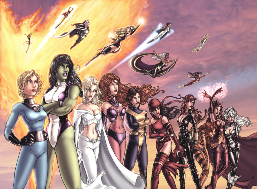 avengers bare_shoulders belt bikini black_cat black_cat_(marvel) black_widow blonde_hair boots brotherhood_of_evil_mutants brown_hair cape costume dagger daggers dark_skin detachable_sleeves elektra elektra_(marvel) emma_frost fantastic_four fire firestar flying gesture gloves green_eyes green_skin homo_superior invisible_woman jean_grey kitty_pryde long_hair marvel mask melee_weapon minigirl mizugi monica_rambeau ms_marvel mutant name_characters navel ororo_munroe pantsu phoenix pulsar red_hair rogue scarlet_witch shadowcat she_hulk shehulk short_hair spider-woman storm_(marvel) storm_(x-men) super_heroine superheroines tigra transparent_clothing uniform wasp white_hair wings x-men