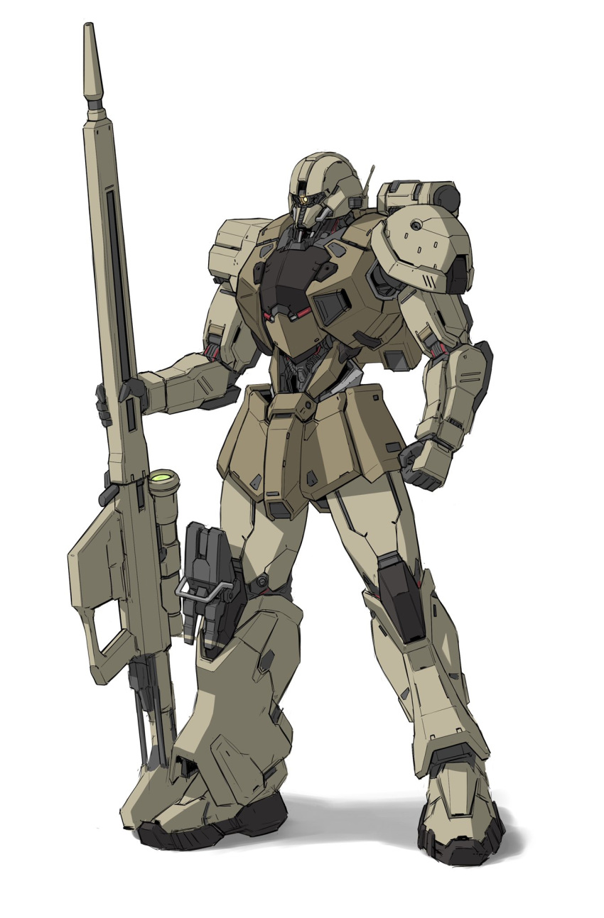 beam_rifle commentary ctpt9r energy_gun glowing glowing_eye gun gundam gundam_unicorn highres holding holding_gun holding_weapon mecha one-eyed original radio_antenna redesign rifle robot science_fiction scope shadow sniper_rifle solo standing weapon white_background zaku_i_sniper_type