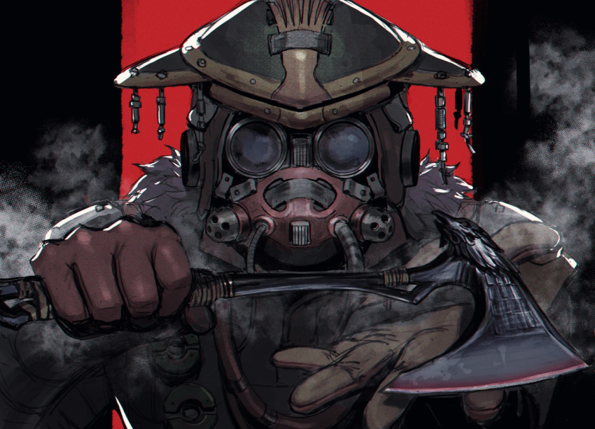 1other ambiguous_gender apex_legends axe bloodhound_(apex_legends) brown_jacket cable daichi_midori fur_trim gas_mask gloves goggles helmet holding holding_axe jacket mask mouth_mask open_hand other_focus raven's_bite red_gloves science_fiction smoke solo upper_body