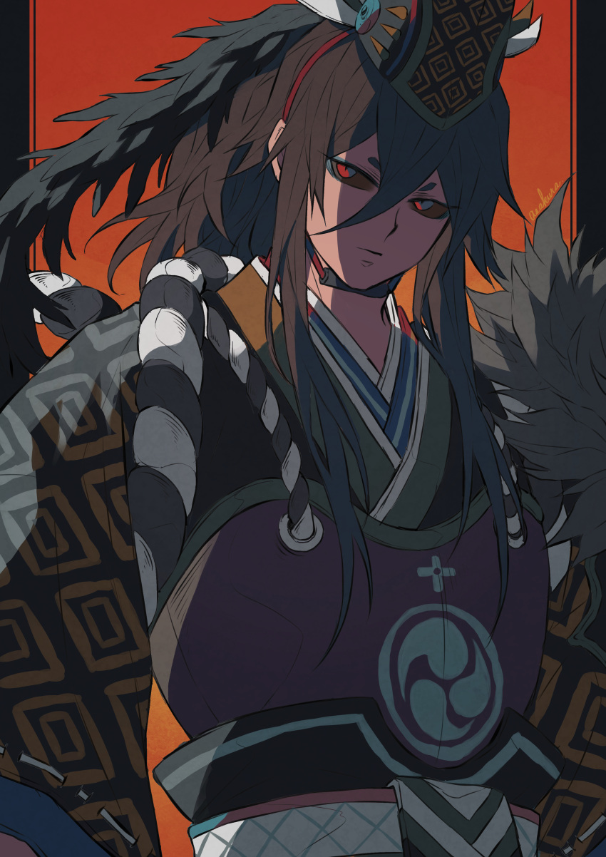 1boy absurdres armor bad_id bad_pixiv_id black_hair black_sclera colored_sclera expressionless headgear highres ichi_asakura japanese_armor japanese_clothes kuro_mujou_(onmyoji) long_hair looking_to_the_side male_focus onmyoji ponytail red_eyes short_eyebrows solo