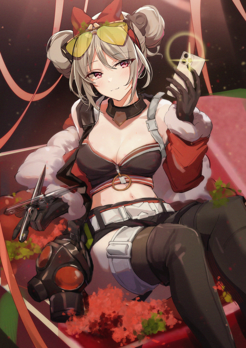 absurdres bandeau black_gloves black_shorts black_thighhighs bow breasts cellphone changpan_hutao cleavage commission double_bun eyewear_on_head female folding_knife fur-trimmed_sleeves fur_trim gas_mask girls'_frontline gloves hair_bun hairbow highres holding holding_knife holding_phone jacket knife light_brown_hair mask medium_breasts midriff navel official_alternate_costume p90_(girls'_frontline) p90_(scarlet_turbo)_(girls'_frontline) phone pixiv_commission red_bow red_eyes red_jacket short_shorts shorts smartphone solo sunglasses thighhighs tinted_eyewear yellow-tinted_eyewear