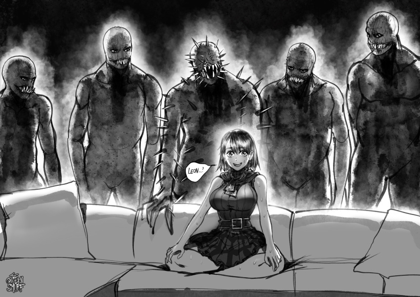 5boys ashley_graham belt breasts couch curtained_hair english_commentary female full_body greyscale hands_on_lap highres indian_style iron_maiden_(resident_evil) large_breasts loose_belt meme monochrome monster_boy multiple_boys no_penis on_couch parody piper_perri_surrounded_(meme) regenerador resident_evil resident_evil_4 ribbed_sweater sharp_teeth short_hair sitting skirt sleeveless sleeveless_turtleneck spikes surrounded sweat sweater sweater_around_neck teeth the_golden_smurf turtleneck upper_teeth_only you_gonna_get_raped zombie