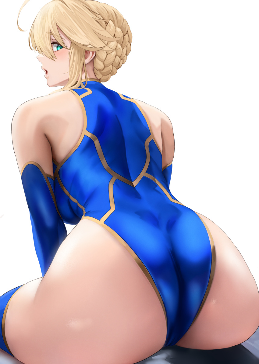 ahoge artoria_pendragon_(fate) artoria_pendragon_(lancer)_(fate) ass bare_shoulders blonde_hair blue_gloves blue_leotard blue_thighhighs blush braid breasts elbow_gloves fate/grand_order fate_(series) female french_braid gloves green_eyes hair_between_eyes highleg highleg_leotard highres large_breasts leotard long_hair looking_at_viewer open_mouth sidelocks sitting solo thighhighs thighs yamaneko_(tkdrumsco)