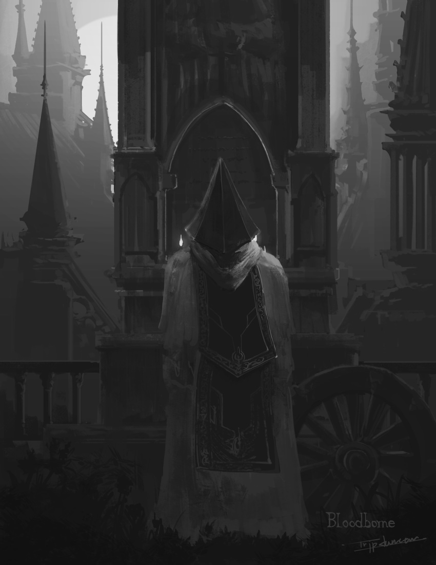 1boy alfred_(bloodborne) bloodborne building cloak commentary copyright_name from_behind greyscale helmet highres hood hood_down logarius_wheel male_focus monochrome outdoors railing scenery signature solo standing statue tripdancer weapon wheel