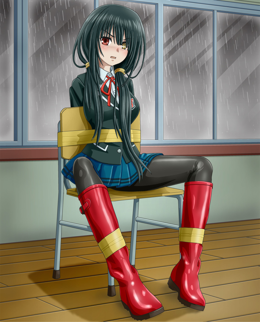 angry arms_behind_back black_hair black_jacket black_pantyhose blue_skirt blush bondage bondage boots bound breast_pocket breasts buttons chair clock_eyes collared_shirt commentary_request commission date_a_live female full_body hair_tie heterochromia highres indoors jacket knee_boots long_hair long_sleeves looking_at_viewer medium_breasts miniskirt neck_ribbon nose_blush on_chair open_mouth pantyhose pixiv_commission pleated_skirt pocket rain raizen_high_school_uniform red_eyes red_footwear red_ribbon ribbon rubber_boots school_chair school_uniform shiny_clothes shirt sidelocks sitting skirt solo spread_legs symbol-shaped_pupils tape tied_hair tied_to_chair tokisaki_kurumi upright_restraints v-shaped_eyebrows variant_set verdun_(berudan) white_shirt window wooden_floor yellow_eyes