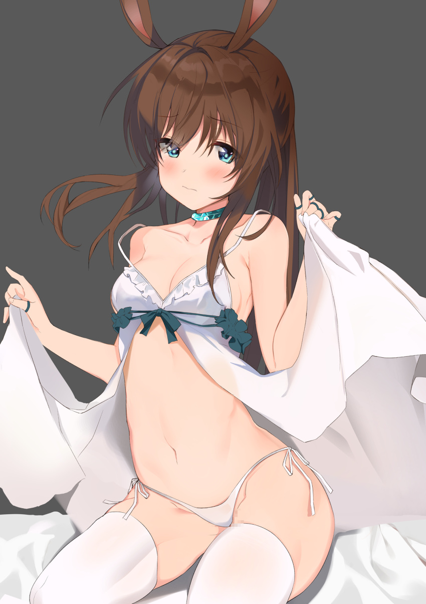 amiya_(arknights) animal_ears arknights babydoll bare_shoulders blue_eyes blush breasts brown_hair choker closed_mouth collarbone commentary embarrassed female frills frown groin hands_up highres jewelry lingerie long_hair looking_at_viewer medium_breasts multiple_rings navel panties rabbit_ears rabbit_girl ring side-tie_panties solo spaghetti_strap stomach strap_slip thighhighs thighs thumb_ring togo_(korlsj1235) underwear underwear_only white_panties white_thighhighs