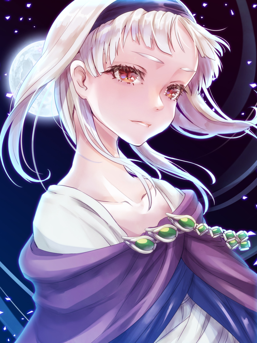 absurdres cape closed_mouth collarbone dress female gensou_suikoden gensou_suikoden_ii gensou_suikogaiden hairband highres jewelry long_hair moon nina_(maurururoa) red_eyes sierra_mikain solo white_hair