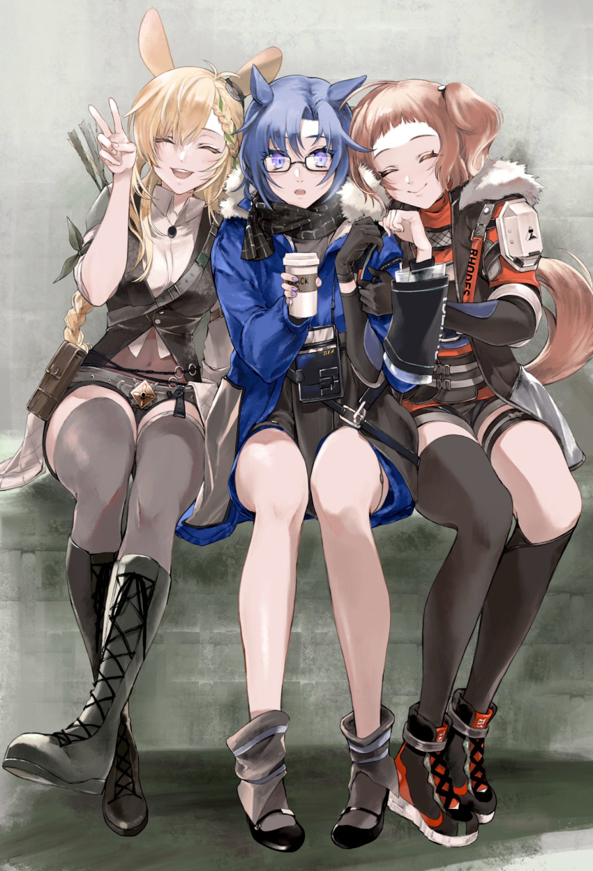 3girls aged_up animal_ears arknights arm_grab asymmetrical_legwear bare_legs beagle_(arknights) beagle_(dreadnaught)_(arknights) belt black_footwear black_legwear black_scarf blue_jacket boots breasts brown_belt brown_footwear brown_shirt closed_eyes closed_mouth commentary_request cross-laced_footwear cup disposable_coffee_cup disposable_cup dog_tail fang_(arknights) fang_(cruciata)_(arknights) full_body fur-trimmed_jacket fur_trim hair_between_eyes hand_up highres holding holding_cup jacket knee_boots kneehighs kroos_(arknights) kroos_the_keen_glint_(arknights) lace-up_boots light_brown_hair long_sleeves medium_breasts mismatched_legwear multiple_belts multiple_girls official_alternate_costume okome_(okome9219) open_mouth parted_lips plaid plaid_scarf quiver rabbit_ears red_jacket scarf shirt shoes short_hair short_sleeves shorts sitting smile sneakers socks tail teeth thigh_boots thighhighs upper_teeth_only v white_shirt