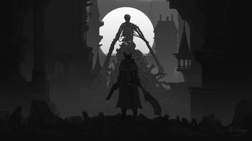 2others ambiguous_gender belt bloodborne building capelet cityscape coat commentary copyright_name corpse creature facing_away greyscale gun hat highres holding holding_gun holding_weapon hunter_(bloodborne) looking_at_another monochrome monster moon multiple_others outdoors saw saw_cleaver scenery signature standing the_one_reborn tricorne tripdancer weapon