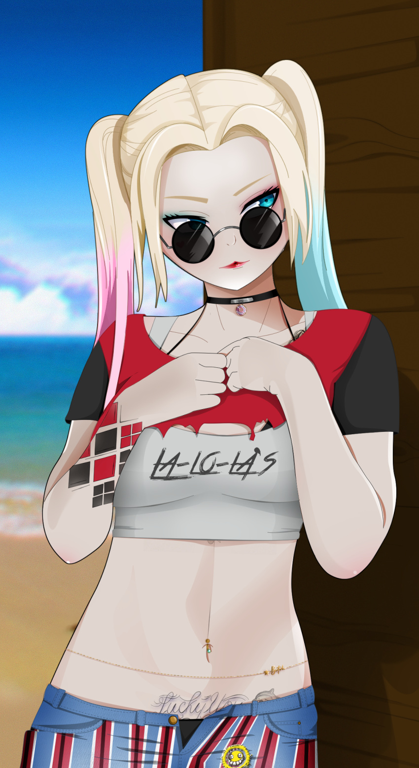 animification beach bikini blonde_hair blue_eyes blue_hair breast_tattoo choker crop_top cropped_shirt dc_comics female glasses harley_quinn heart highres makeup multicolored_hair pale_skin piercing pink_hair rorro182 self-upload smile solo suicide_squad swimsuit tattoo twintails