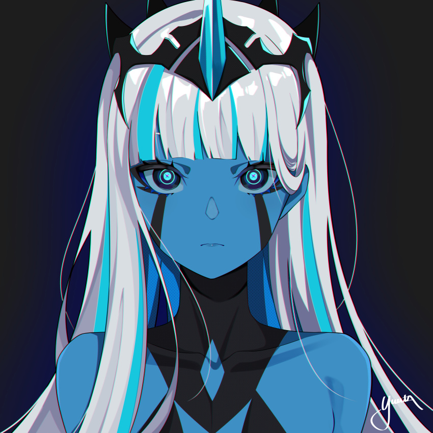 001_(darling_in_the_franxx) absurdres bad_id bad_pixiv_id blue_eyes blue_hair blue_skin chromatic_aberration closed_mouth collarbone colored_skin commentary_request darling_in_the_franxx female headpiece highres horns lam_(style) long_hair looking_at_viewer multicolored_hair signature single_horn solo streaked_hair two-tone_hair upper_body very_long_hair white_hair yuuta_(yuuta0312)