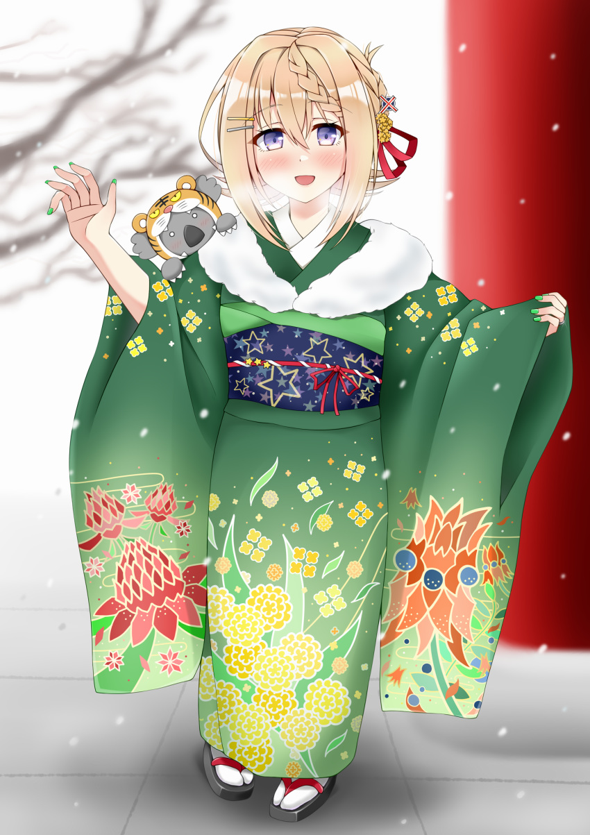 alternate_costume blonde_hair braid braided_bangs braided_bun female floral_print fur-trimmed_kimono fur_trim furisode green_kimono hair_bun hair_ornament hairclip highres japanese_clothes kantai_collection kimono koala obi otobi perth_(kancolle) print_kimono purple_eyes sandals sash solo tabi white_legwear wide_sleeves zouri