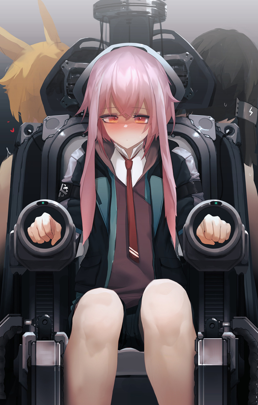 3boys animal_ears ansel_(arknights) arknights ayerscarpe_(arknights) black_hair blonde_hair blush bound bound_legs bound_wrists chair clenched_hand grey_background hair_between_eyes heart highres jacket leonhardt_(arknights) long_hair lop_rabbit_ears machine male_focus mo_ne multiple_boys necktie open_mouth otoko_no_ko pants pink_hair rabbit_boy rabbit_ears red_eyes shirt short_hair simple_background sitting solo_focus steam sweat trait_connection