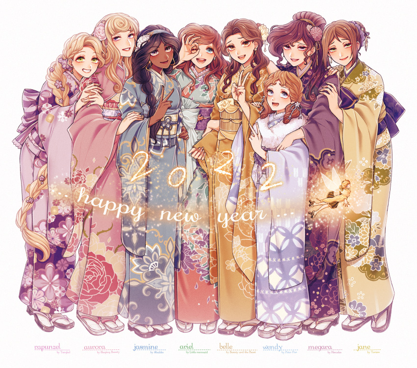 2022 6+girls :d adapted_costume aladdin_(disney) aqua_kimono ariel_(disney) aurora_(disney) beauty_and_the_beast belle_(disney) black_hair blonde_hair blue_eyes blue_kimono braid braided_ponytail brown_eyes brown_hair brown_kimono character_name closed_mouth company_connection copyright_name crossover curly_hair dark-skinned_female dark_skin disney disney_princess earrings english_text eyelashes eyeshadow fairy fingernails floral_print flower flower_braid flying full_body fur_shawl fur_trim furisode gem geta green_eyes green_kimono grin hair_bun hair_flower hair_ornament hair_over_shoulder hairband half_updo hand_on_another's_arm hand_on_another's_shoulder hand_up hands_on_another's_arm happy_new_year hercules_(1997_film) highres holding_another's_arm jane_porter japanese_clothes jasmine_(disney) jewelry kimono leaning_forward leaning_on_person light_particles lineup lipstick lolicon long_hair long_sleeves looking_at_viewer makeup megara_(disney) miniskirt mizala multi-tied_hair multiple_braids multiple_crossover multiple_girls new_year obi ok_sign ok_sign_over_eye one_eye_closed pearl_(gemstone) peter_pan_(disney) pinching_sleeves pink_flower pink_kimono pleated_skirt ponytail purple_eyes purple_flower purple_kimono purple_ribbon rapunzel_(disney) red_lips ribbon sash shawl side-by-side simple_background single_hair_bun skirt sleeping_beauty sleeves_past_wrists smile standing striped striped_sash swept_bangs tabi tangled tarzan the_little_mermaid tinker_bell_(disney) twin_braids v very_long_hair wavy_hair wendy_darling white_background white_flower white_legwear wide_sleeves wings yellow_flower yellow_kimono