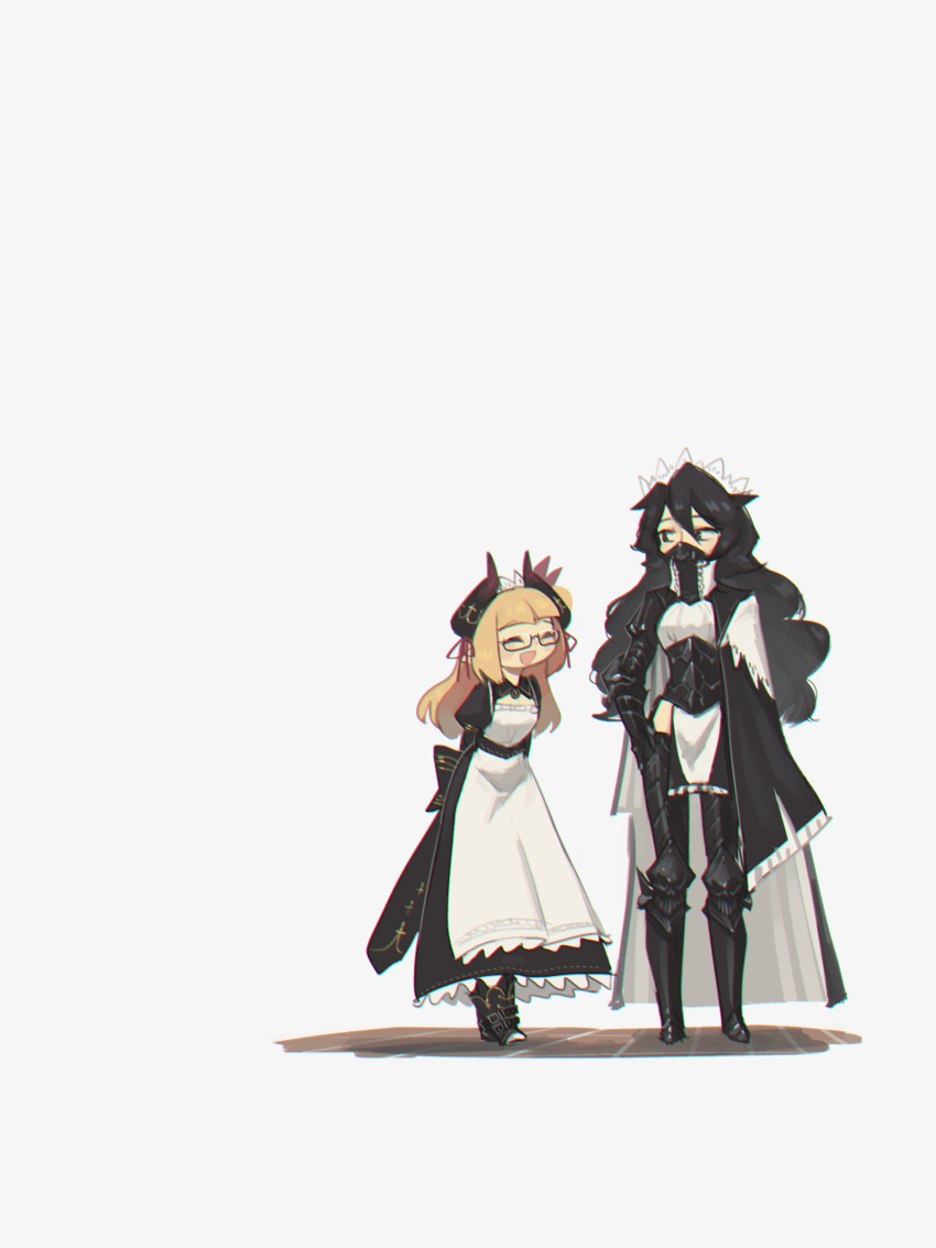 2girls :d ^_^ absurdres armor black_armor black_eyes black_hair blonde_hair blunt_bangs borrowed_character cape closed_eyes commentary covered_mouth executioner_maid_(centuriic) flareze_(porforever) glasses height_difference highres horns long_hair maid maid_headdress multiple_girls open_mouth original porforever simple_background smile symbol-only_commentary white_background