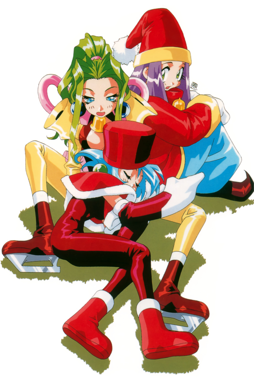 1990s_(style) 3girls bell blue_eyes blue_hair boots cello_(lamune) closed_eyes drum_(lamune) earrings elbow_gloves gloves green_eyes green_hair hat highres ice_skates jewelry kotobuki_tsukasa light_blue_hair long_hair lying multiple_girls non-web_source official_art on_side open_mouth pointy_footwear purple_hair red_footwear red_headwear retro_artstyle santa_hat short_hair simple_background sitting skates trumpet_(lamune) vs_knight_lamune_&_40_fire white_background