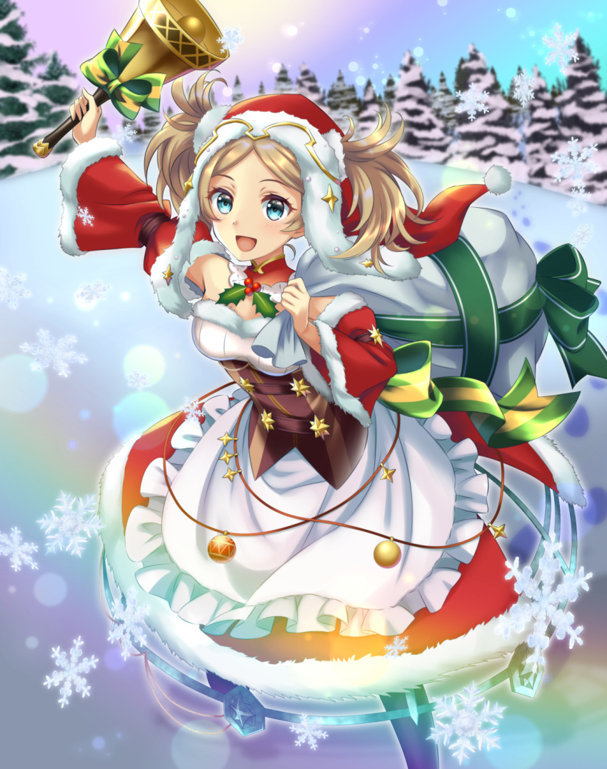 :d alternate_costume bell blonde_hair blue_eyes christmas commission detached_sleeves dress female fire_emblem fire_emblem_awakening fur_trim highres holding holding_bell holding_sack kakiko210 lissa_(fire_emblem) lissa_(winter)_(fire_emblem) looking_at_viewer official_alternate_costume open_mouth rainbow_gradient red_headwear ribbon sack skeb_commission smile snow snowflakes twintails