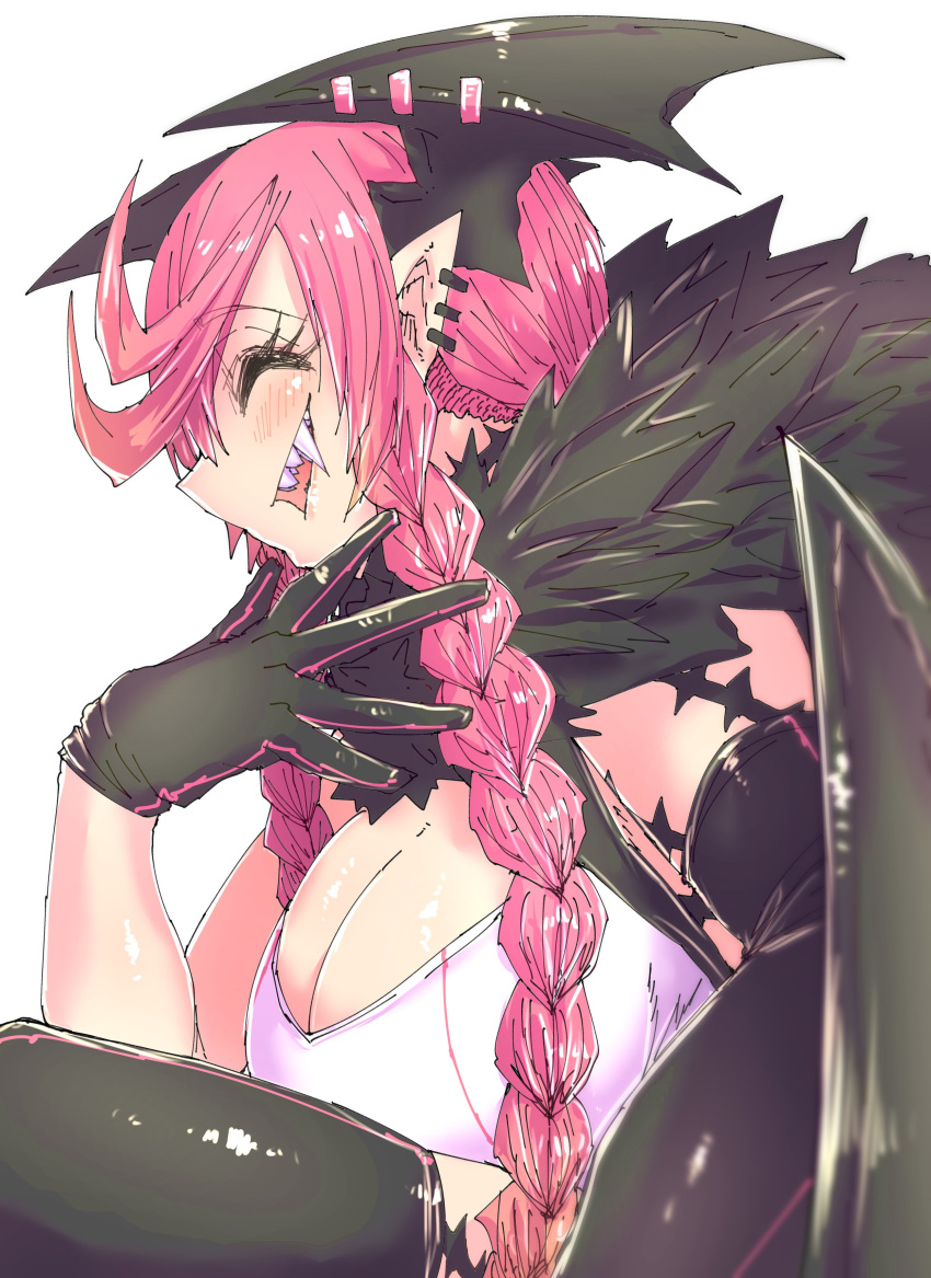 =_= absurdres ahoge asymmetrical_gloves bat_wings black_feathers black_gloves black_legwear black_tail black_wings blush braid breasts closed_eyes dahila_(heal_&_squeeze) fangs feathers female from_side gloves head_wings heal_&_squeeze highres huge_breasts nose pink_hair sideboob sideways_mouth simple_background sitting smile tail thighhighs uneven_gloves vampire white_background wings zyugoya