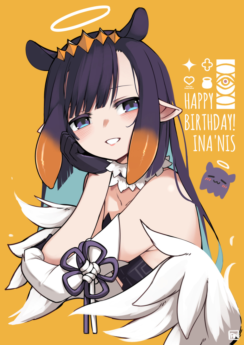 :3 a:n_(angrynum) blunt_bangs blush character_name commentary cropped_torso detached_sleeves english_commentary female fur_choker gradient_hair hair_behind_ear halo hand_on_own_face happy_birthday highres hololive hololive_english long_hair multicolored_hair ninomae_ina'nis ninomae_ina'nis_(1st_costume) open_mouth orange_background orange_hair parted_lips pointy_ears purple_hair sidelocks simple_background single_detached_sleeve smile solo takodachi_(ninomae_ina'nis) tentacle_hair upper_body virtual_youtuber white_halo white_sleeves wings