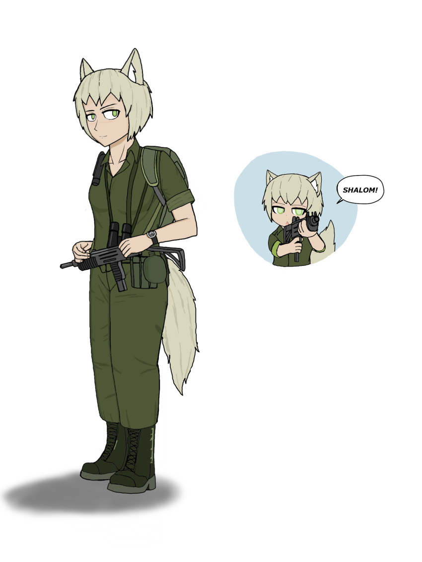 animal_ears artist_request boots copyright_request female green_eyes gun highres israel_defense_forces self-upload short_hair tail weapon wolf_ears wolf_girl wolf_tail