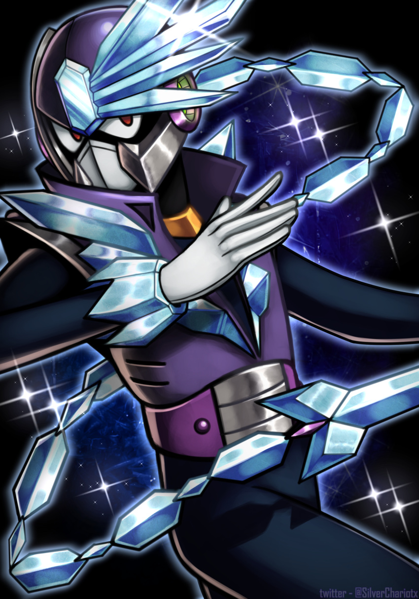 1boy absurdres braid braided_ponytail glint gloves highres ice male_focus mega_man_(classic) mega_man_(series) mega_man_11 pose red_eyes robot silverchariotx solo tundra_man white_gloves