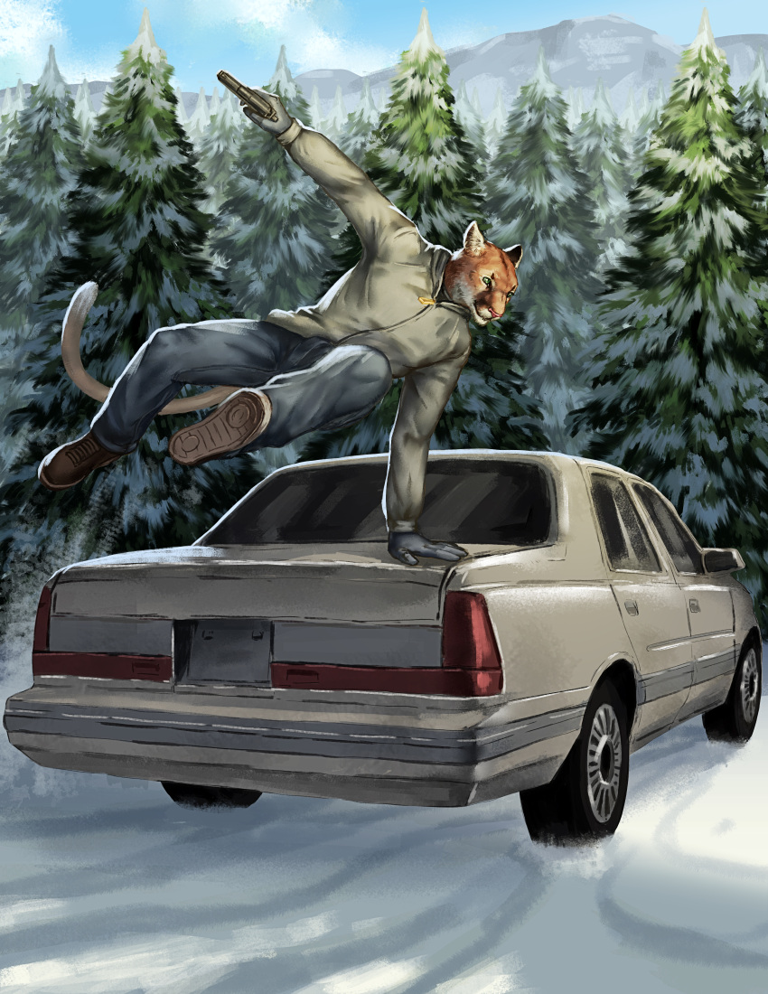 absurd_res action_pose athletic brown_body brown_fur car clothed clothing colored cougar day detailed detailed_background digital_media_(artwork) felid feline forest fully_clothed fur gloves green_eyes gun handgun handwear hi_res holding_gun holding_handgun holding_object holding_pistol holding_ranged_weapon holding_weapon jackson_hinds jumping male mammal mercury_(brand) mountain outside pink_nose pistol plant plantigrade pose ranged_weapon retro_vehicle sedan sky snow solo the_devil_and_the_tiger tndillustration tree vaulting vehicle weapon winter