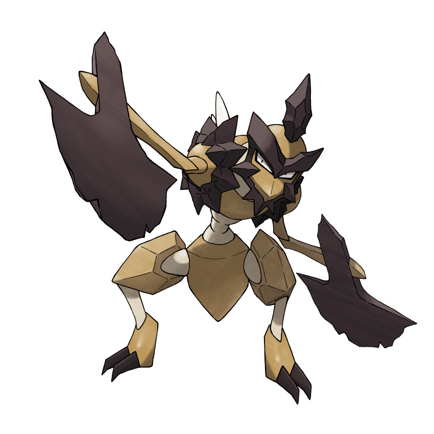 absurdres arm_up axe black_eyes claws full_body highres incoming_attack kleavor legs_apart no_humans official_art pokemon pokemon_(creature) pokemon_legends:_arceus solo standing transparent_background