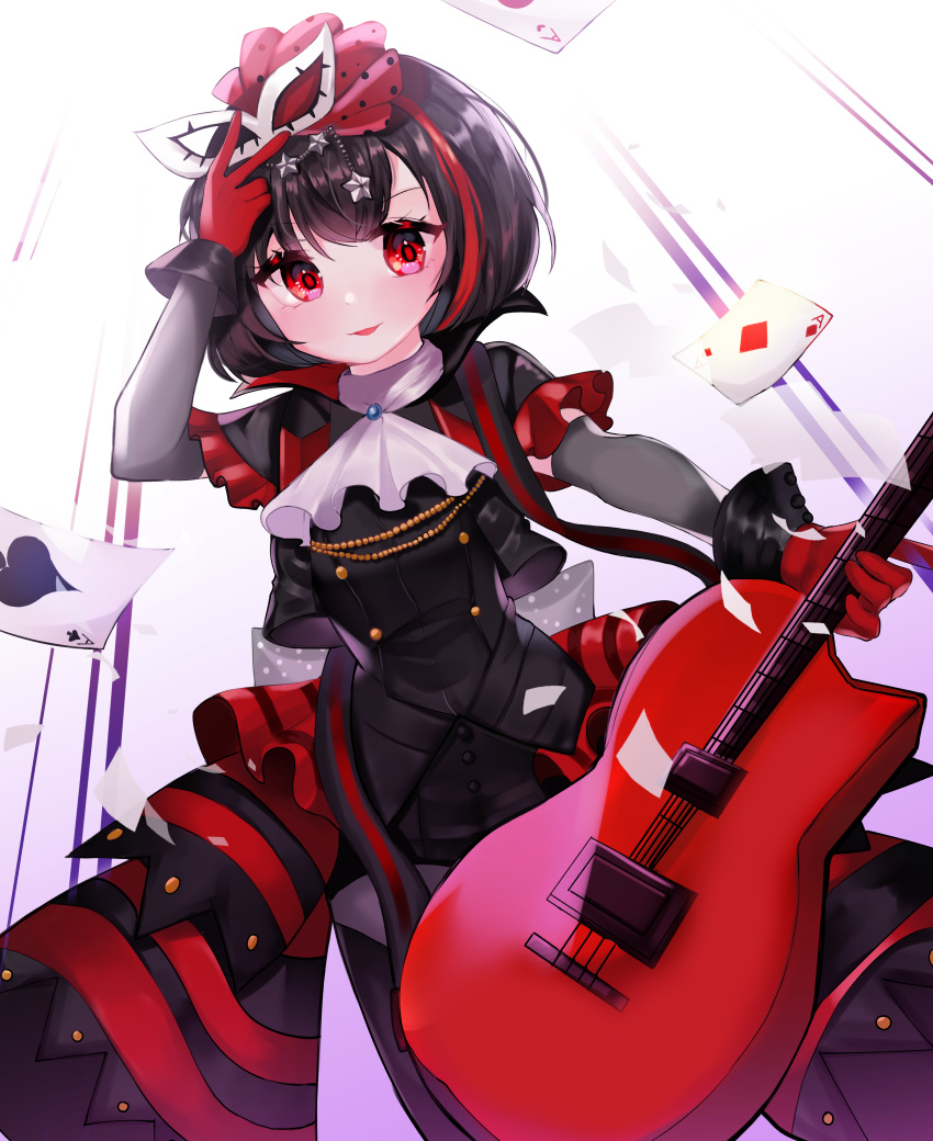 absurdres amamiya_ren amamiya_ren_(cosplay) bad_id bad_pixiv_id bang_dream! black_dress black_hair bob_cut breasts card commentary_request cosplay dress female frills from_below guitar hair_between_eyes hair_ornament highres holding holding_instrument instrument looking_at_viewer mask masquerade_mask mitake_ran multicolored_hair persona persona_5 red_hair short_hair smile solo star_(symbol) streaked_hair unworn_mask yam_(dr_yammy)