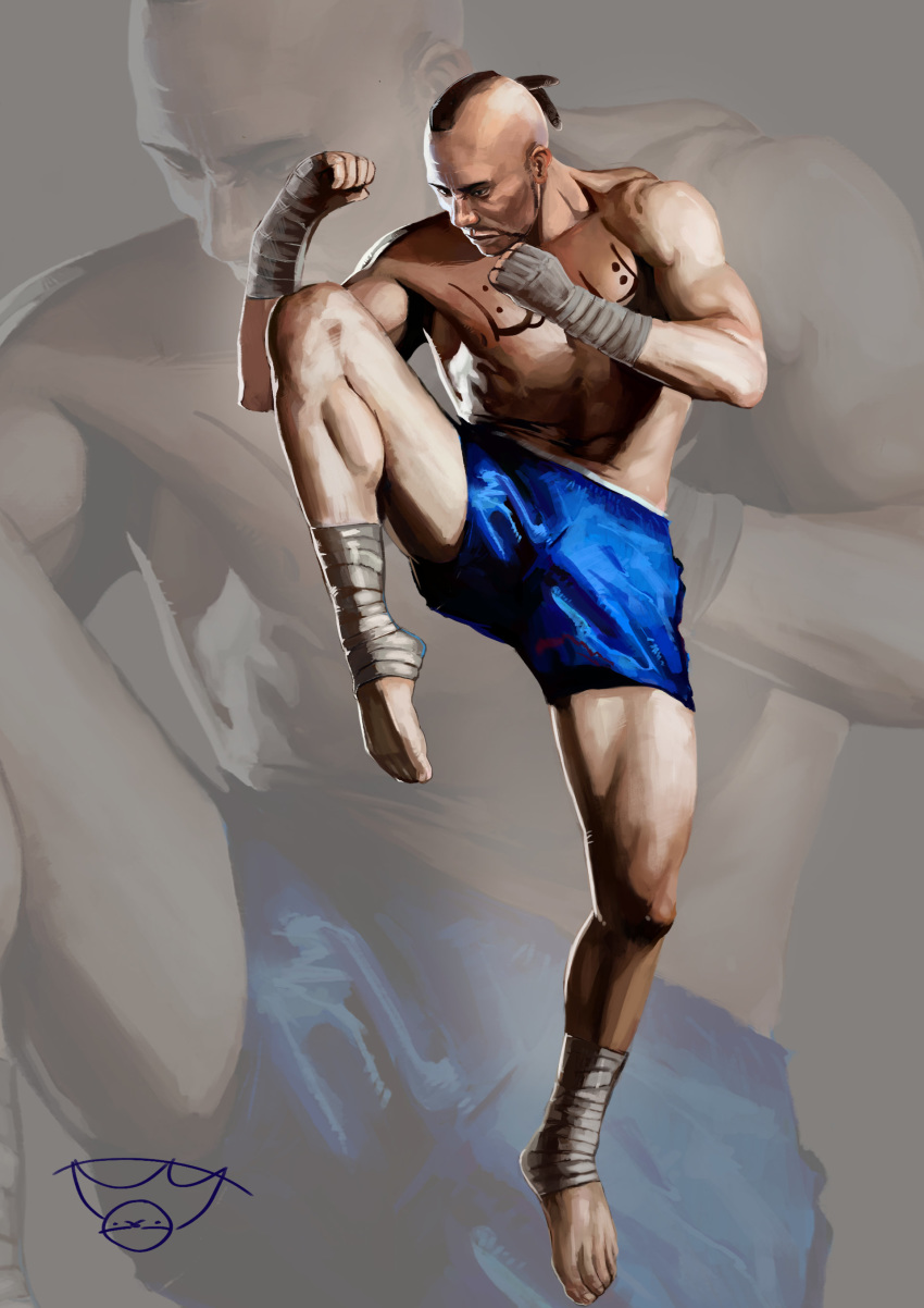 1boy absurdres arm_wrap aslothbeing barefoot blue_shorts bruce_irvin clenched_hand facial_hair highres leg_lift male_focus mohawk muay_thai pectorals photoshop_(medium) shorts standing standing_on_one_leg tattoo tekken topless_male zoom_layer