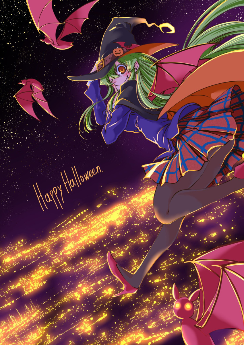 airborne bat_(animal) bat_wings black_capelet black_pantyhose blazer blue_jacket capelet city city_lights commentary fang_out female green_hair halloween happy_halloween hat high_heels highres jacket jitsu_wa_watashi_wa long_hair looking_at_viewer looking_back masuda_eiji mini_wings night night_sky oerba_yun_fang official_art orange_eyes outdoors pantyhose pleated_skirt pumpkin_hat_ornament purple_footwear purple_skirt school_uniform shiragami_youko skirt sky smile solo star_(sky) starry_sky vampire very_long_hair wings witch_hat