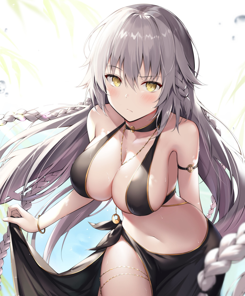 absurdres ahoge ale_nqki bare_shoulders bikini black_bikini blush bracelet braid breasts cleavage closed_mouth fate/grand_order fate_(series) female grey_hair highres jeanne_d'arc_alter_(fate) jeanne_d'arc_alter_(festival_outfit)_(fate) jewelry large_breasts long_hair looking_at_viewer necklace official_alternate_costume pale_skin sarong solo sunlight swimsuit thighs very_long_hair yellow_eyes