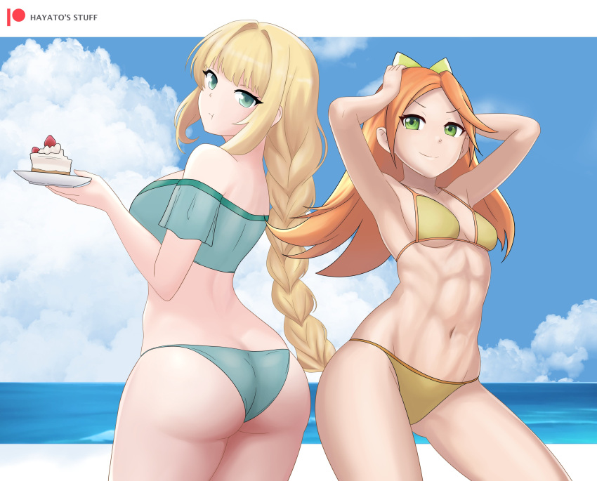 2girls abs absurdres alternate_costume artist_name ass bare_shoulders bikini blonde_hair bow braid braided_ponytail breasts cake cake_slice cleavage cloud cloudy_sky cowboy_shot eating english_commentary etie_(fire_emblem) fire_emblem fire_emblem:_three_houses fire_emblem_engage food green_bikini green_eyes hairbow hands_on_own_head hayato_stuff highres holding holding_plate ingrid_brandl_galatea ingrid_brandl_galatea_(summer) long_hair looking_at_viewer looking_back medium_breasts multiple_girls muscular muscular_female navel ocean off-shoulder_bikini off_shoulder official_alternate_costume orange_hair outdoors patreon_logo patreon_username plate sky small_breasts smile strawberry_shortcake string_bikini swimsuit very_long_hair yellow_bikini